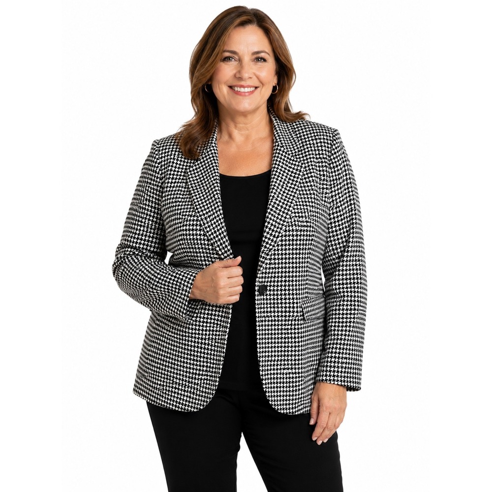 Worthington Black White Houndstooth Red Wool Blend Blazer Jacket Size 12 USA